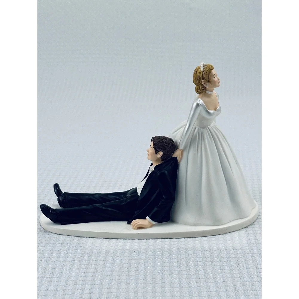 Funny Bride Dragging Groom Wedding Cake Topper Novelty Resin Figurine